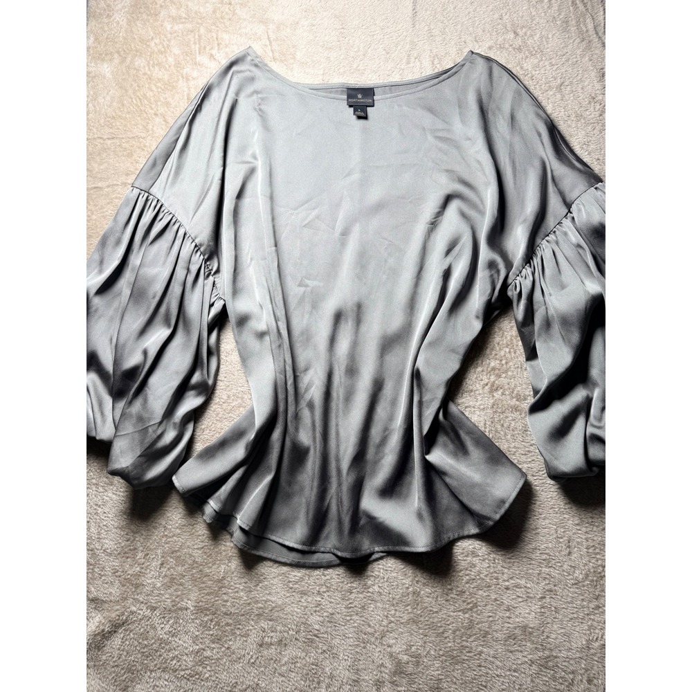 Worthington Silver Satin Balloon Sleeve Boat Neck Top Large Whimsigoth Office